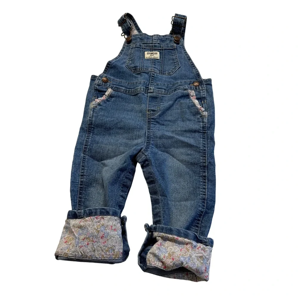 OshKosh B'gosh Girls Blue Denim Floral Lined Ruffle Trim Bib Overalls Size 2T